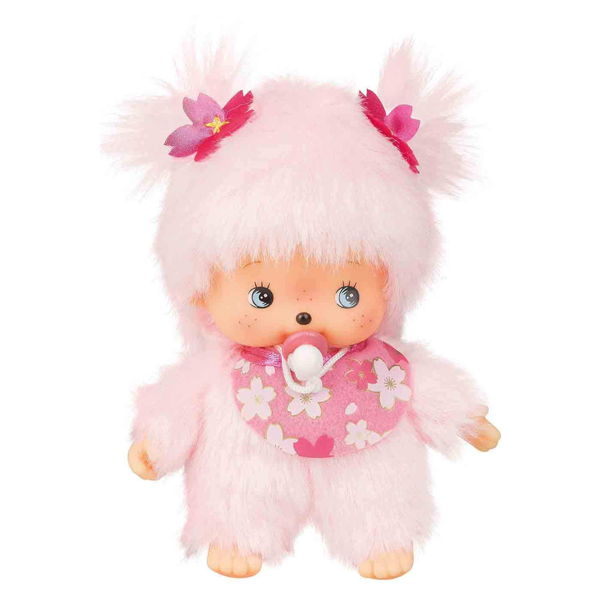 Sekiguchi Monchhichi Bebichichi Sakura with pink bib and dummy, ideal gift and storytelling companion