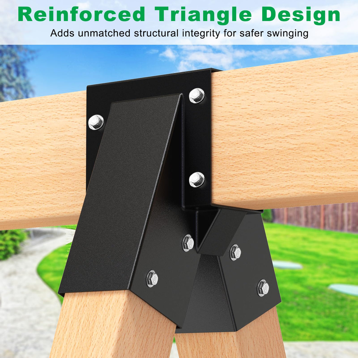 SELEWARE a-frame bracket installed on backyard swing demonstrates a secure DIY upgrade