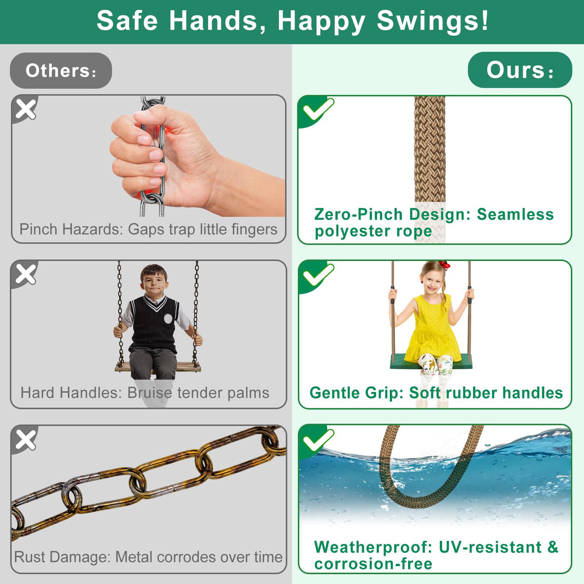 SELEWARE adjustable ropes with soft rubber ends protect little hands during play.