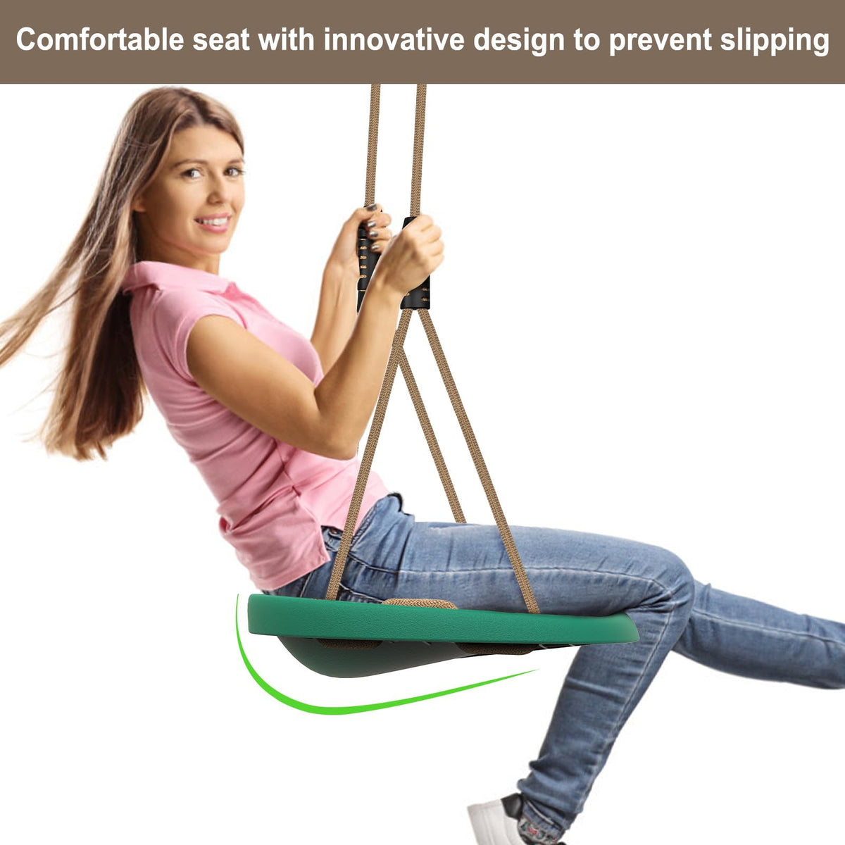 SELEWARE heavy-duty swing seat side view highlights balanced weight distribution.