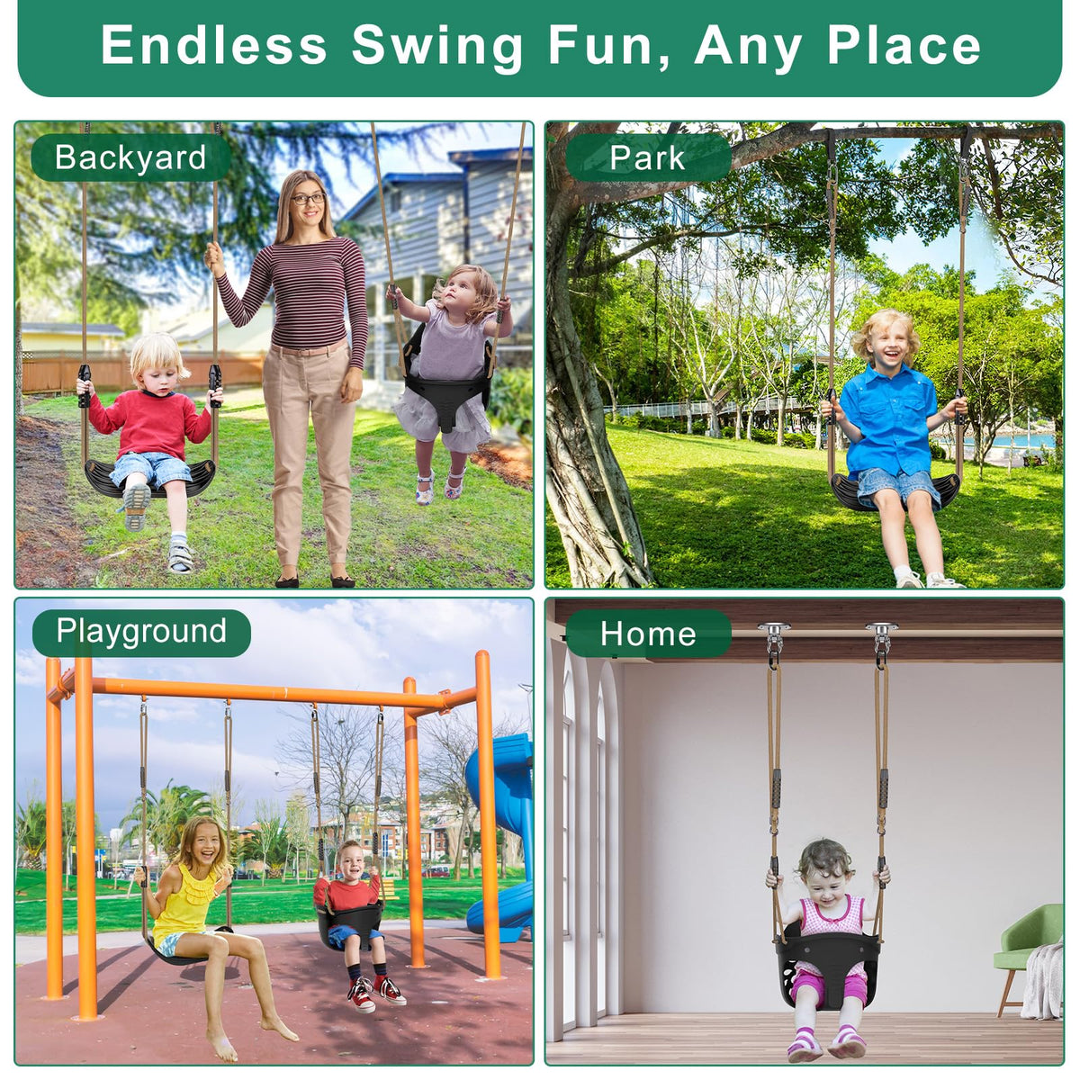 SELEWARE kid-and-adult swing seat supports growing children up to 250 lbs.