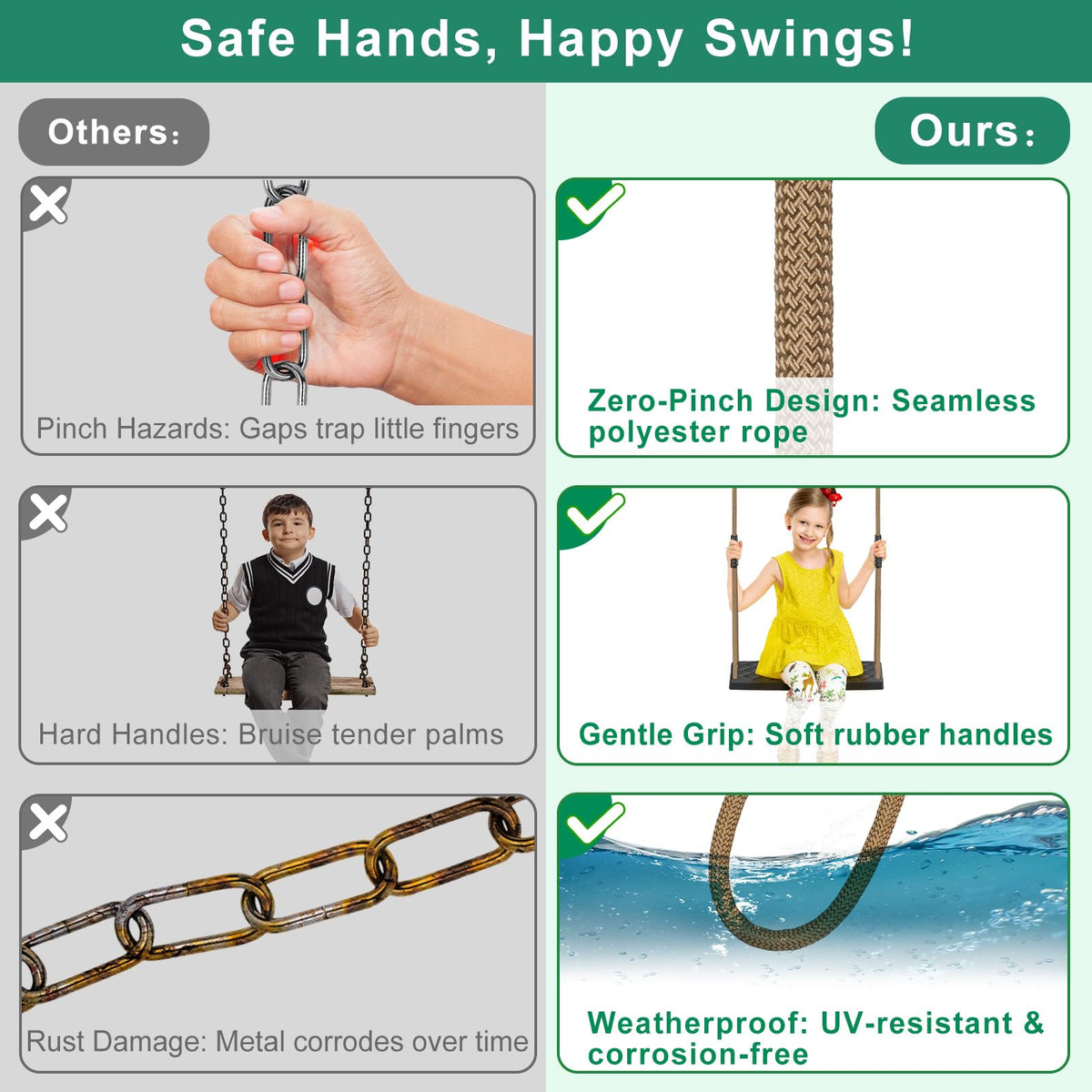 SELEWARE swing seat fully assembled with snap hooks.