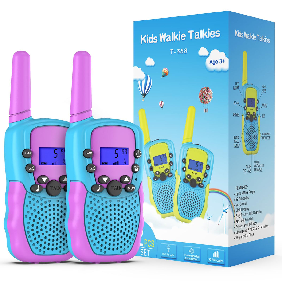 Selieve walkie talkies with backlit LCD for easy use in low light and playtime.