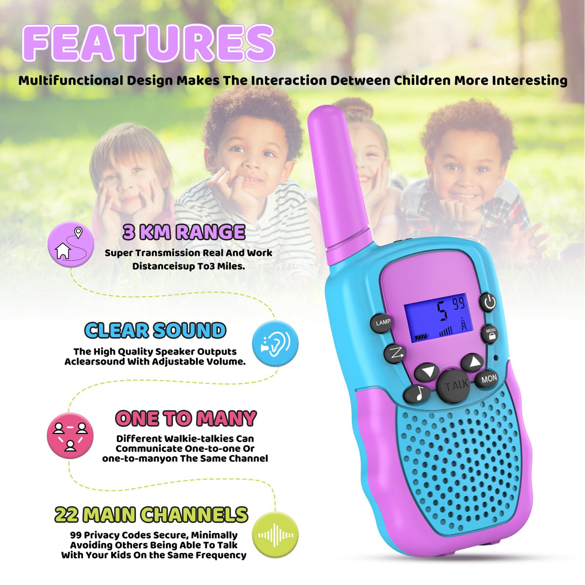 Selieve walkie talkies for kids 3-pack front view showing compact design.
