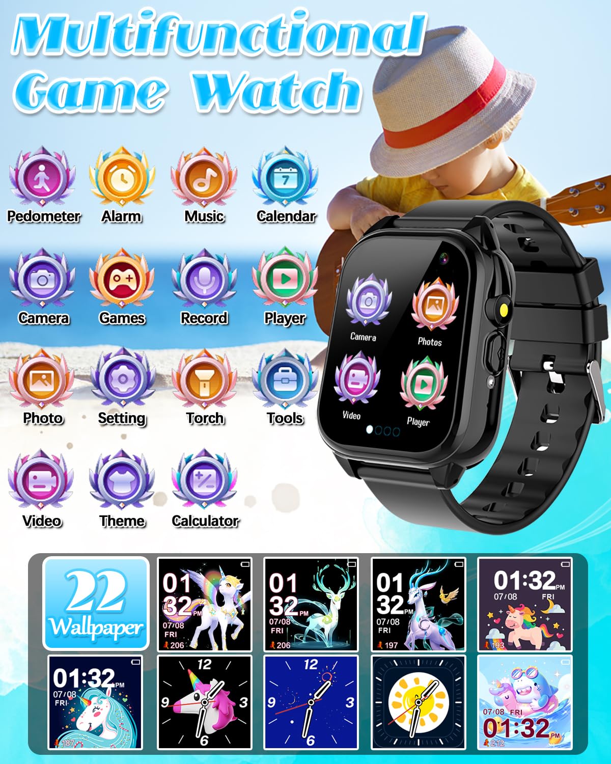 Semloo smartwatch with camera focus highlighting photo capture during activities.