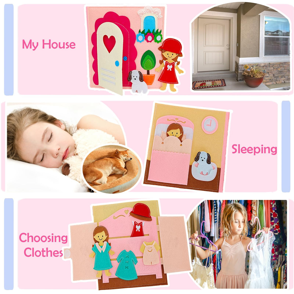 Soft felt dolls in Sendhjurf Busy Book for tactile exploration