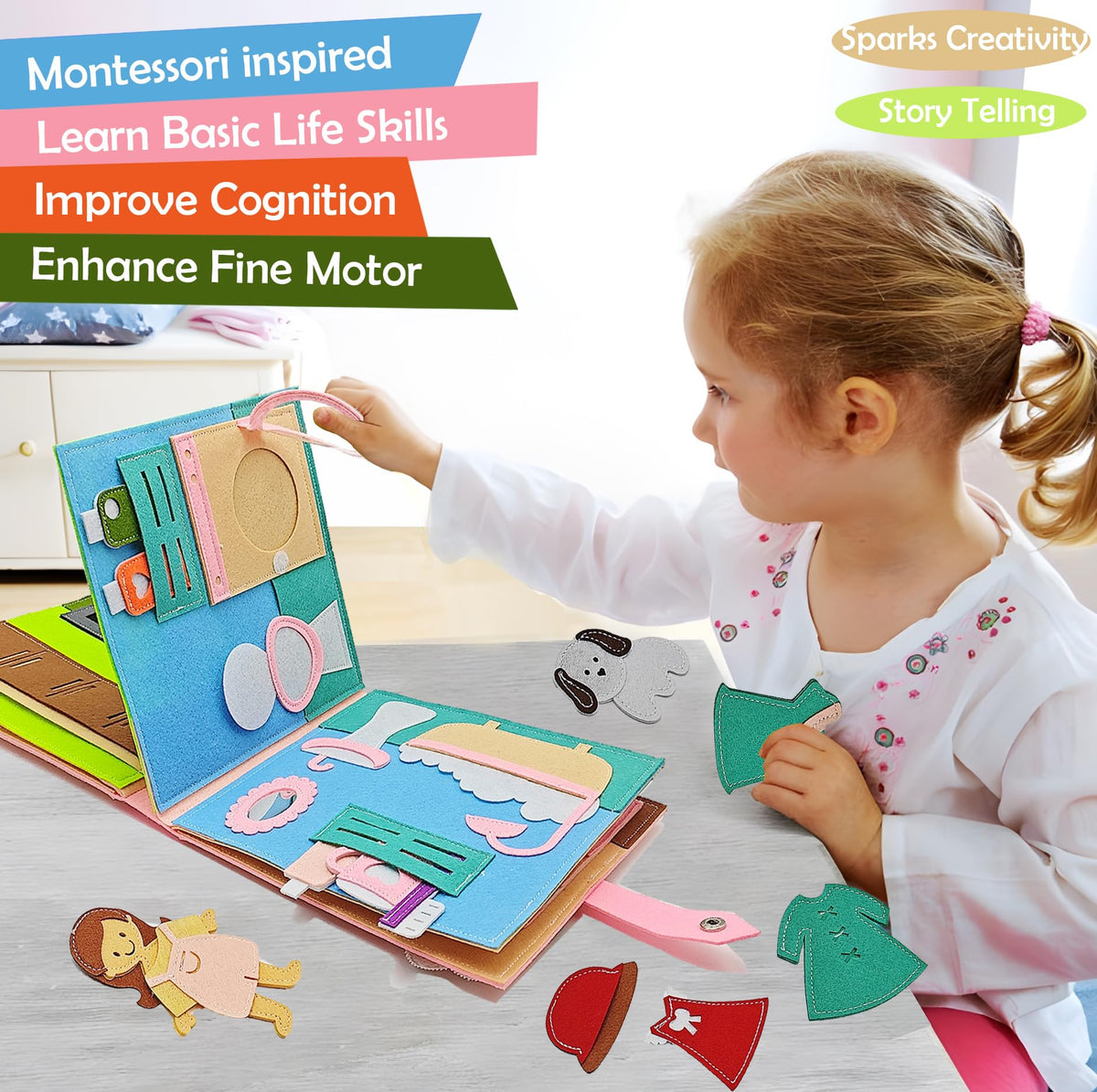 Open pages of Sendhjurf Busy Book with storytelling prompts for language growth