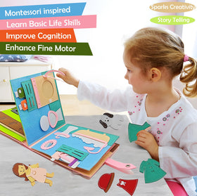 Open pages of Sendhjurf Busy Book with storytelling prompts for language growth
