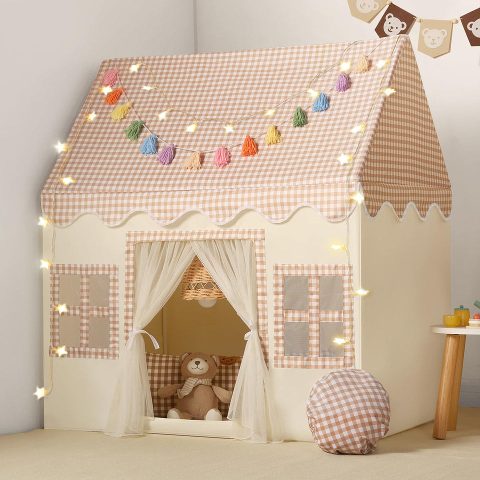 Senodeer brown checkered play tent exterior for cozy imaginative play at home.