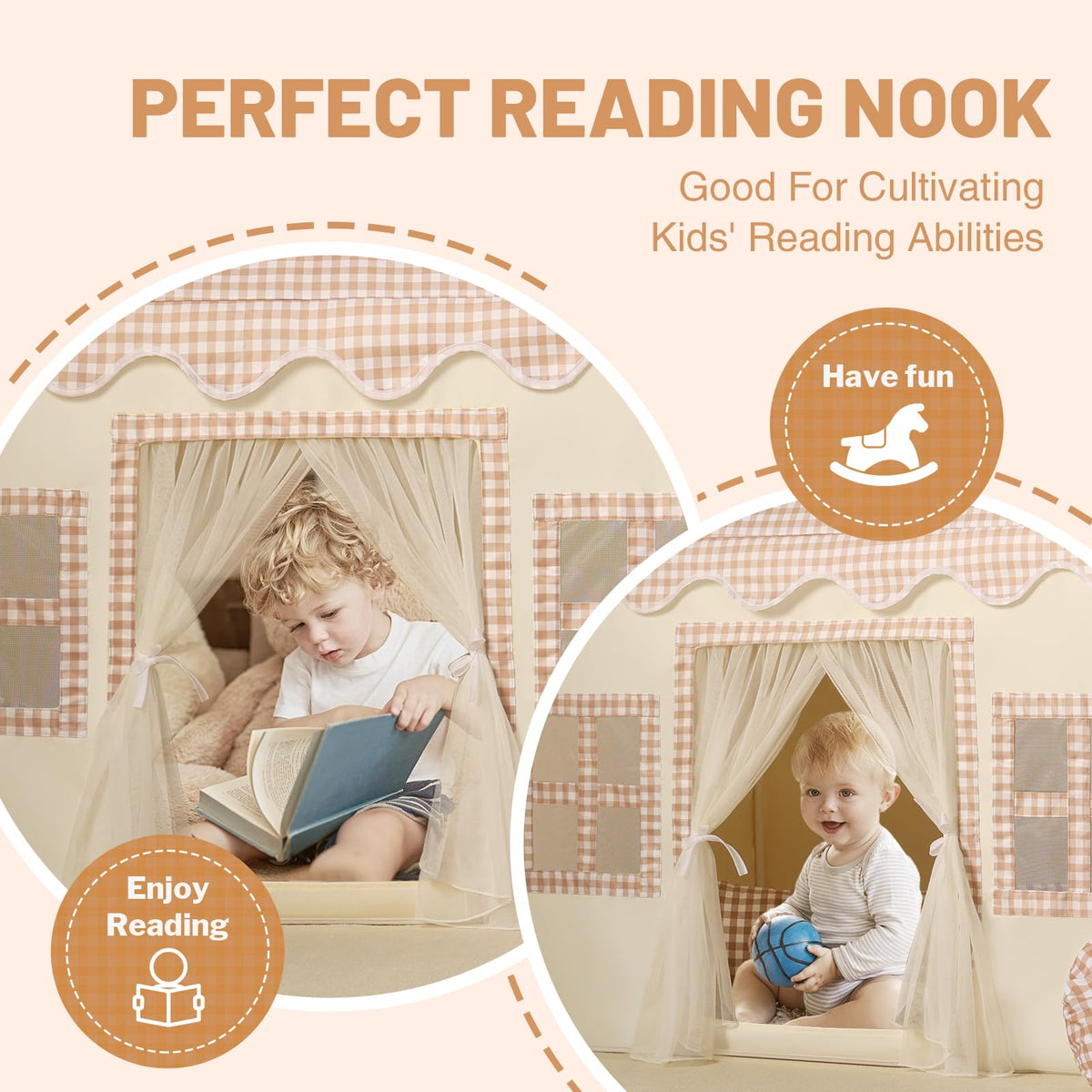 Senodeer kids play tent interior with children exploring pretend worlds.