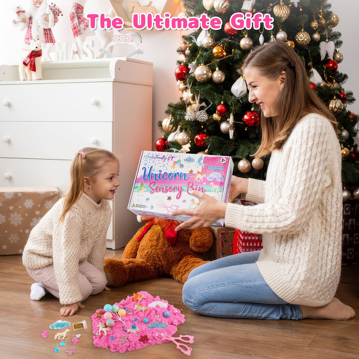 Sensationally OT bin with secure clips prevents spills during play.