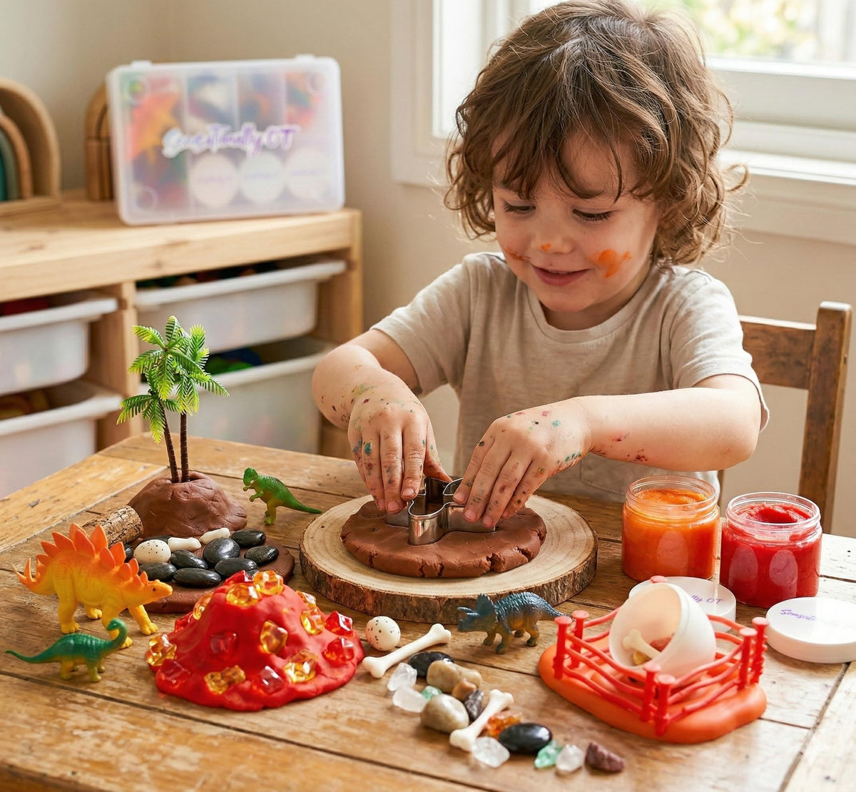 Sensationally OT dinosaur footprint cutters enhance imaginative storytelling and fine motor skills.