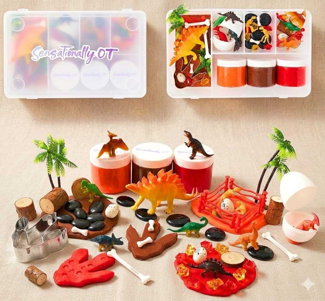 Sensationally OT dinosaur play dough kit with jars inviting colorful, creative play.