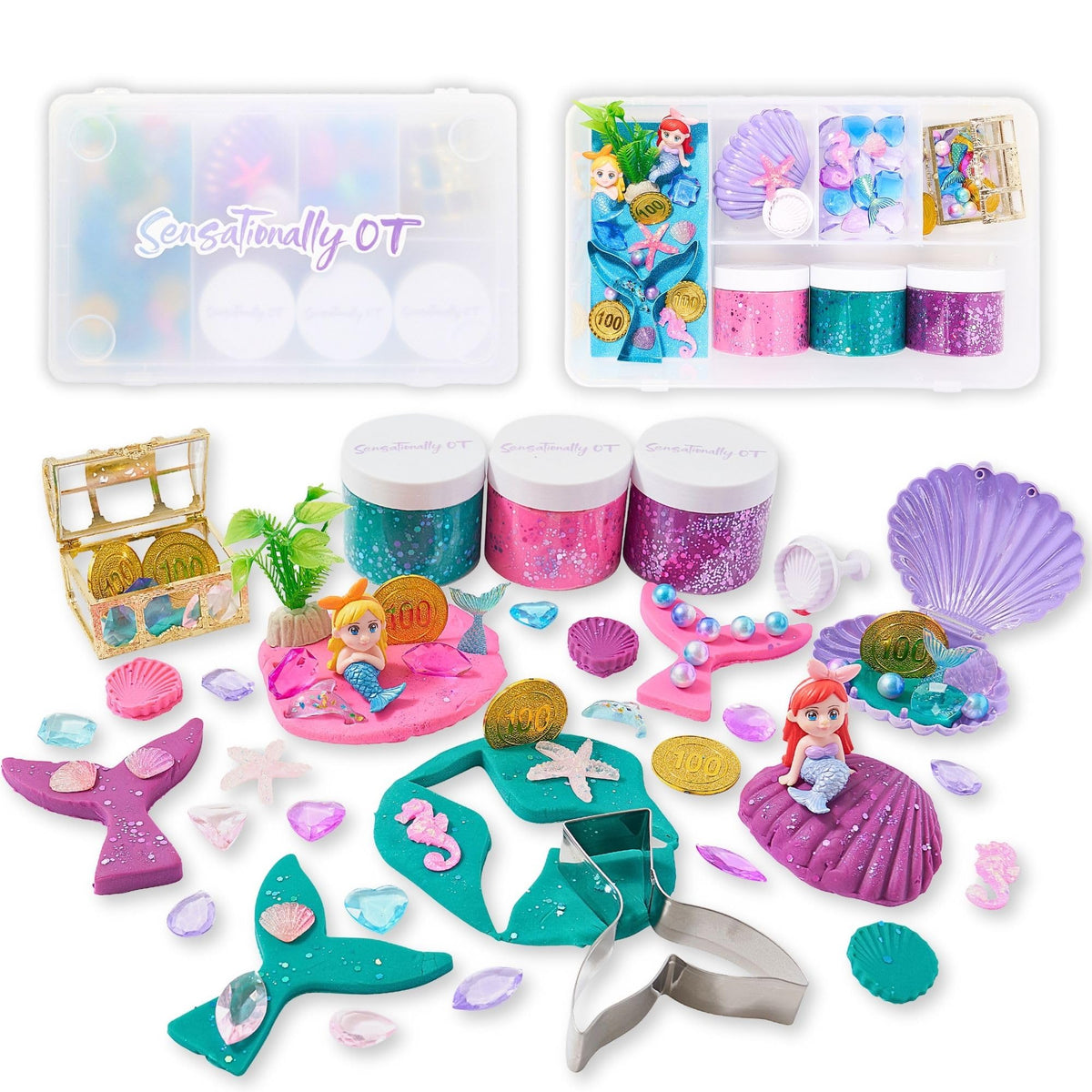 Sensationally OT Mermaid Dough Kit jar collection offers vibrant, non-toxic sensory play for kids.