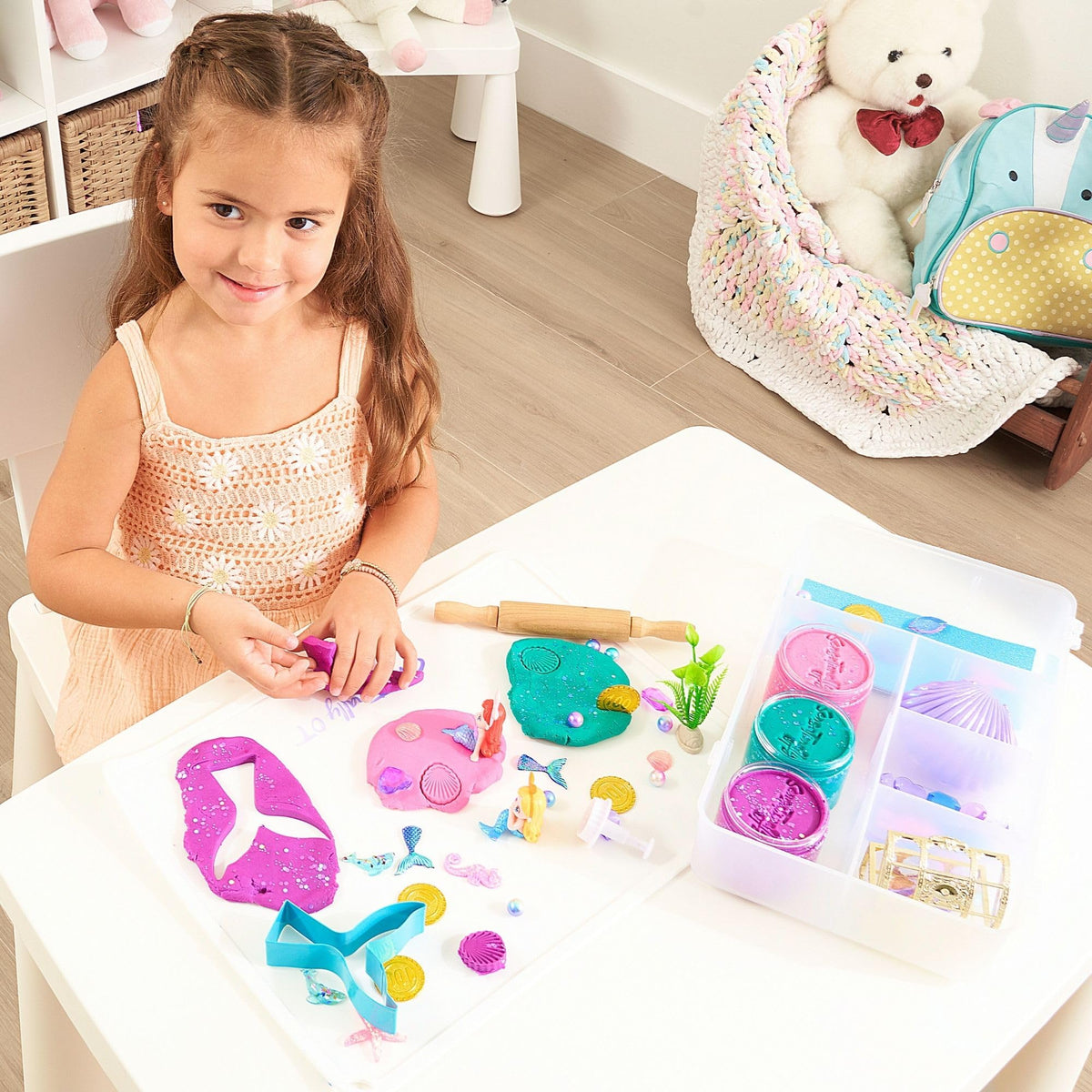 Treasure box keeps all Mermaid Dough Kit tools organized after play.