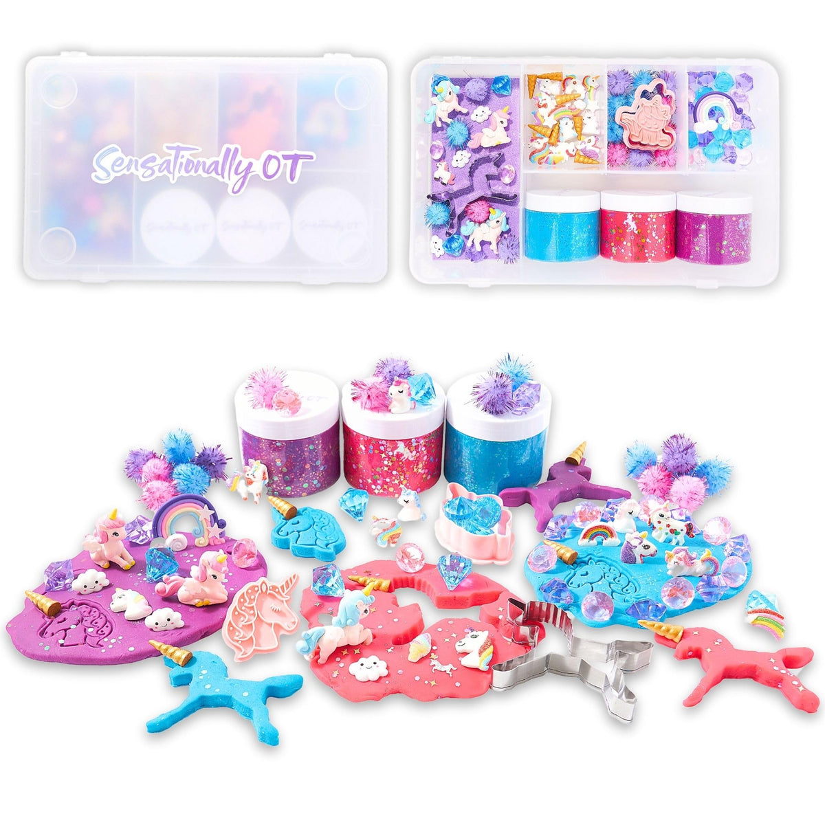 Sensationally OT unicorn sensory dough kit with three jars for creative play.