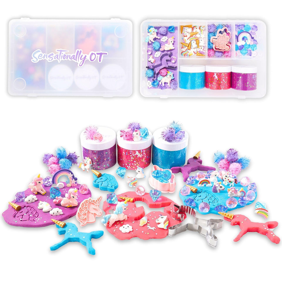 Sensationally OT unicorn sensory dough kit with three jars for creative play.