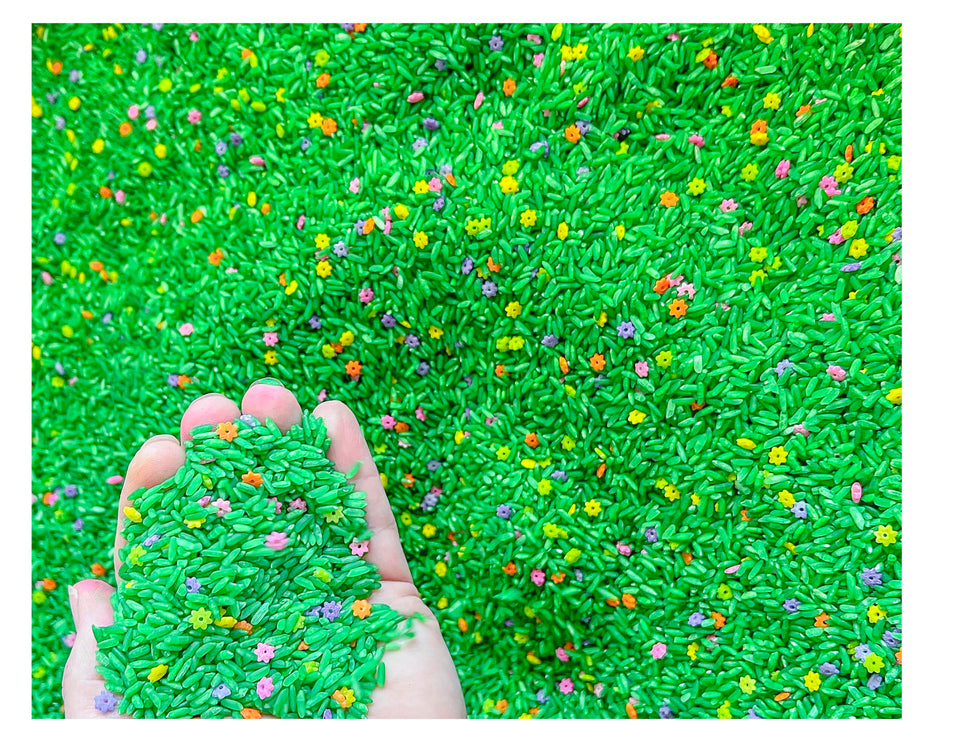 Sensory-N-Stuff Flower Rice colors brighten playtime and encourage tactile exploration.