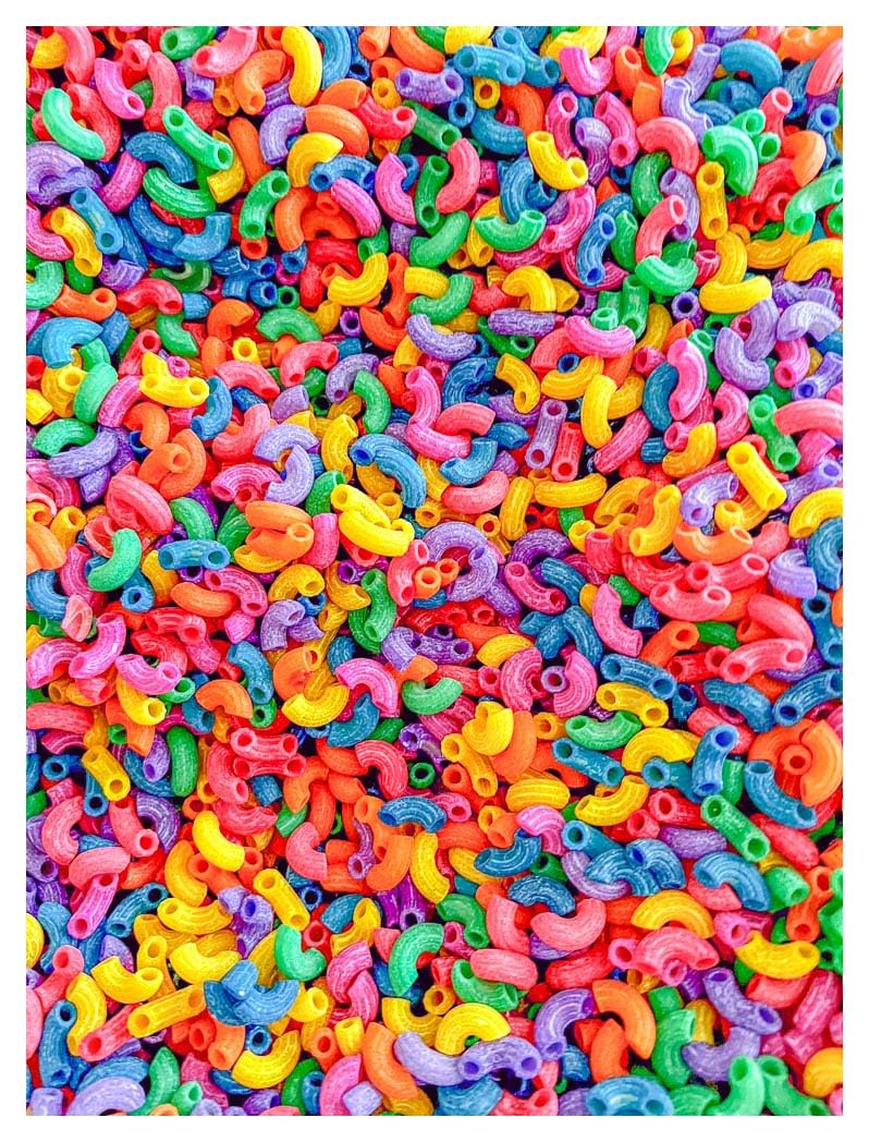 Sensory-N-Stuff rainbow elbow pasta for color-rich sensory bins and fine motor play.