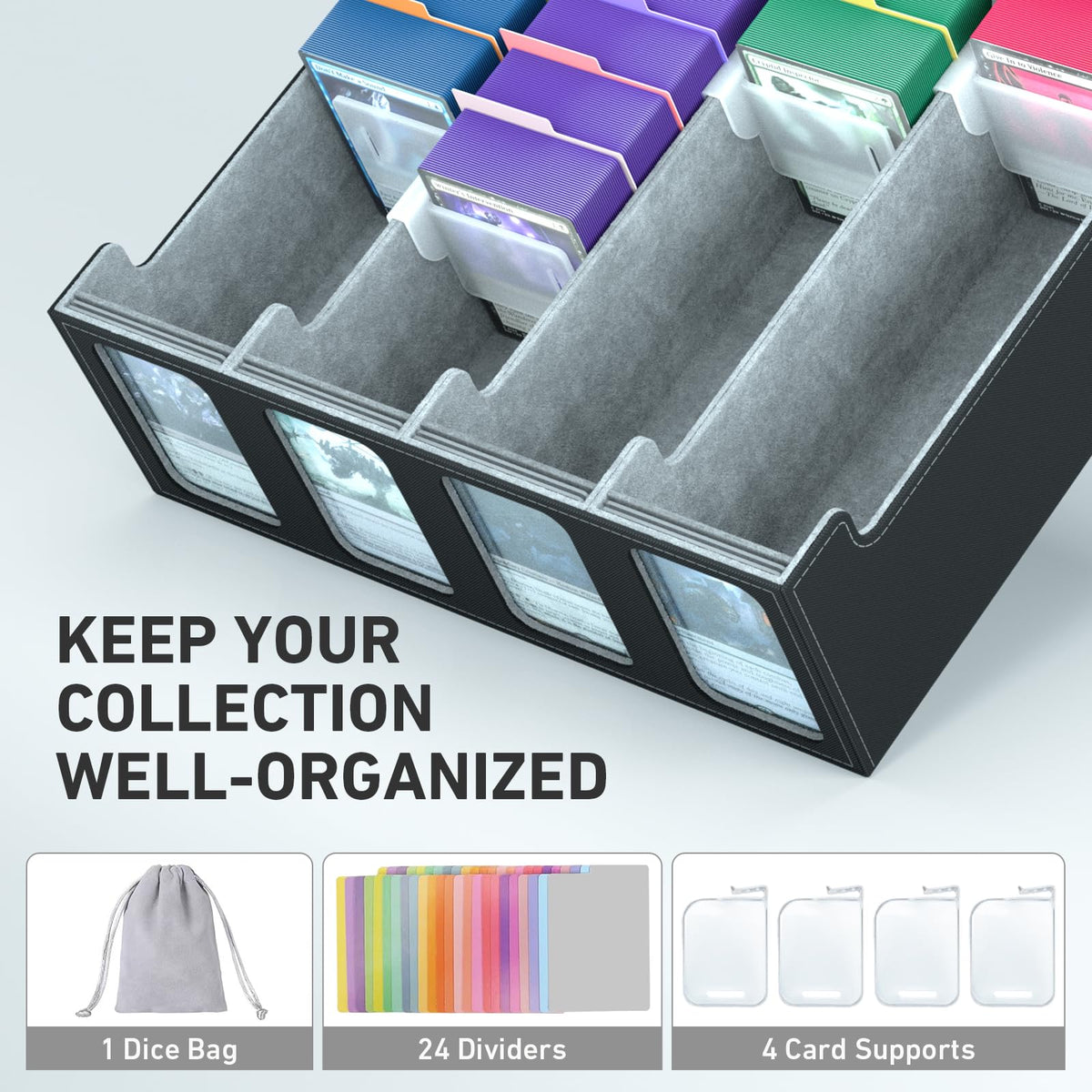 SENVINI box displaying 24 dividers and 4 supports keeping cards upright.