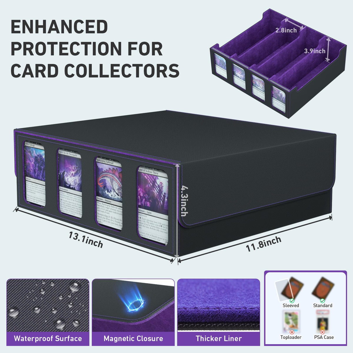 SENVINI 4-Row Trading Card Storage Box soft interior protects cards