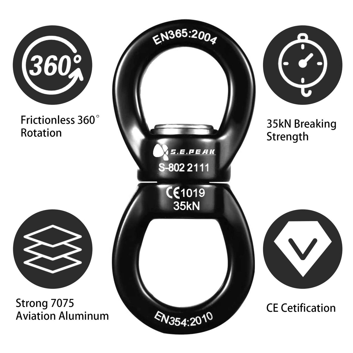 S.E.PEAK high-strength 7075 alloy swivel delivers durable, weather-resistant performance.