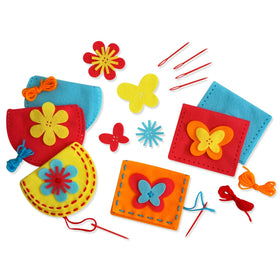 Serabeena Sew Your Own Purses kit contents show colorful felt pieces for creative play