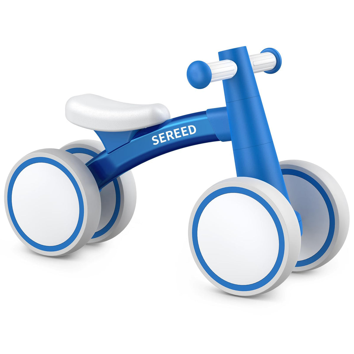 SEREED baby balance bike blue front view shows compact, lightweight design for easy indoor and outdoor play