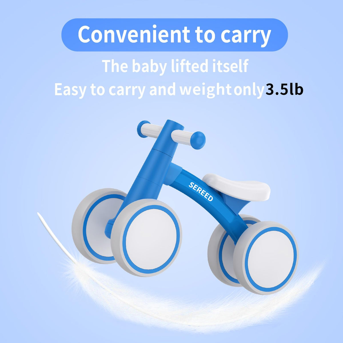 SEREED balance bike blue wheel closeup shows non-slip wear-resistant wheels for indoor or outdoor riding