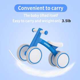SEREED balance bike blue wheel closeup shows non-slip wear-resistant wheels for indoor or outdoor riding