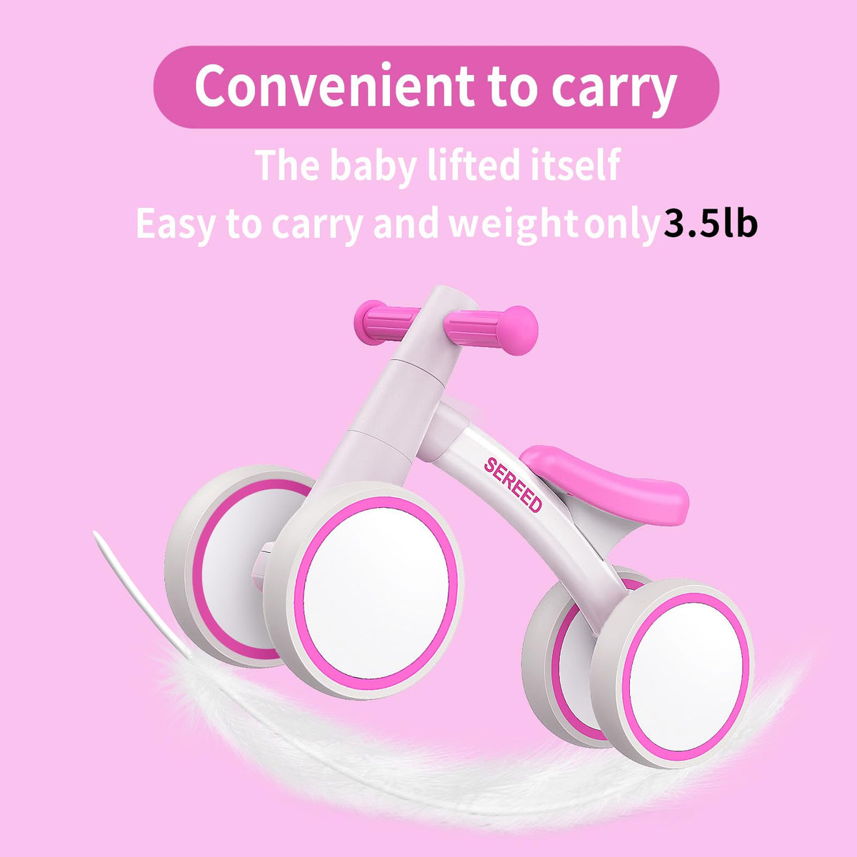 SEREED baby balance bike rose seat close-up emphasizes comfort for toddlers