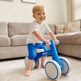 SEREED balance bike blue seat closeup emphasizes comfortable seating for toddlers