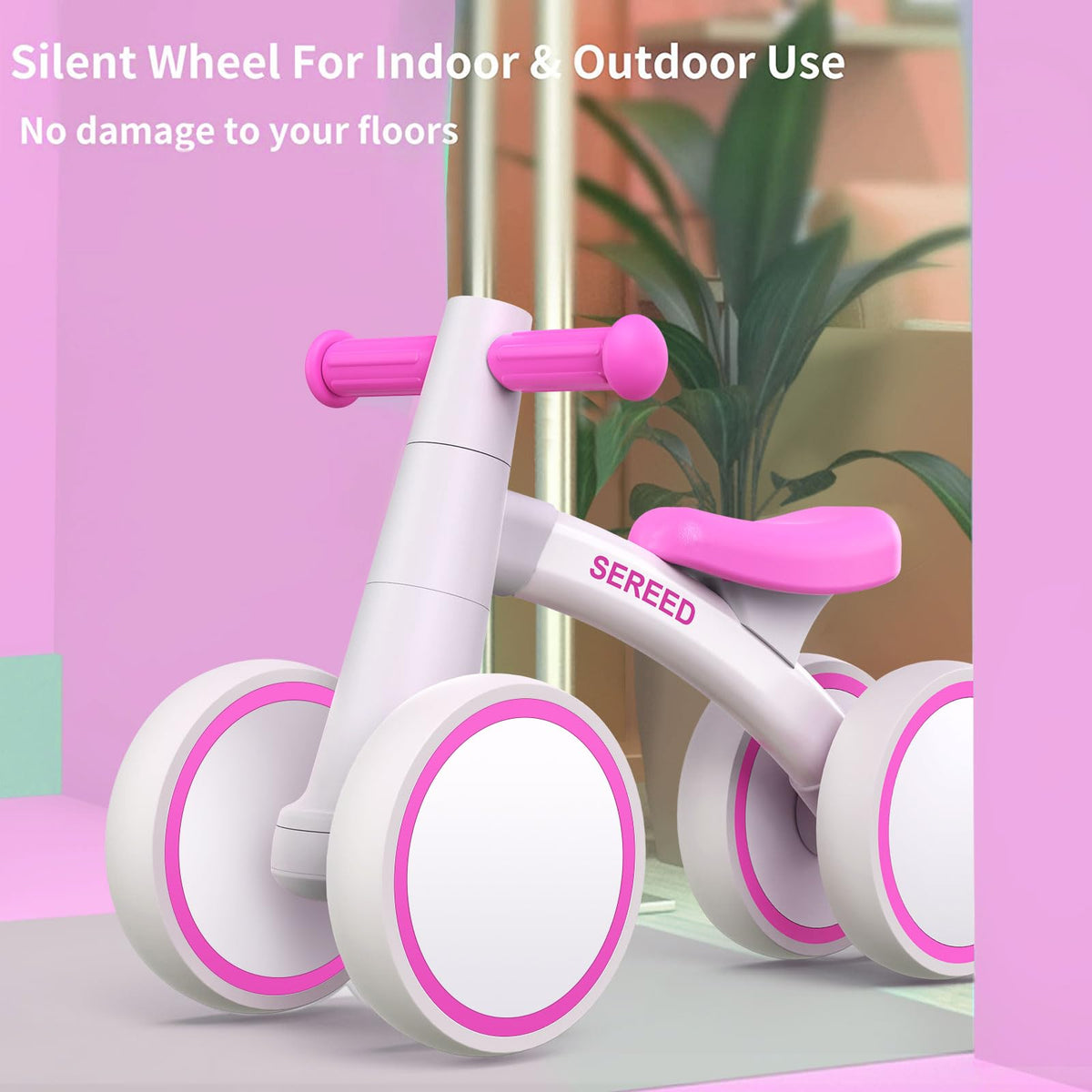 SEREED balance bike rose handlebars view showcases intuitive steering for new riders