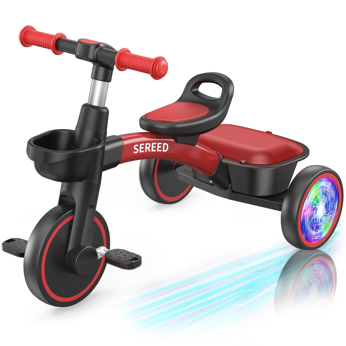 SEREED Colorful Lighting Tricycle front view showing bright frame for toddlers