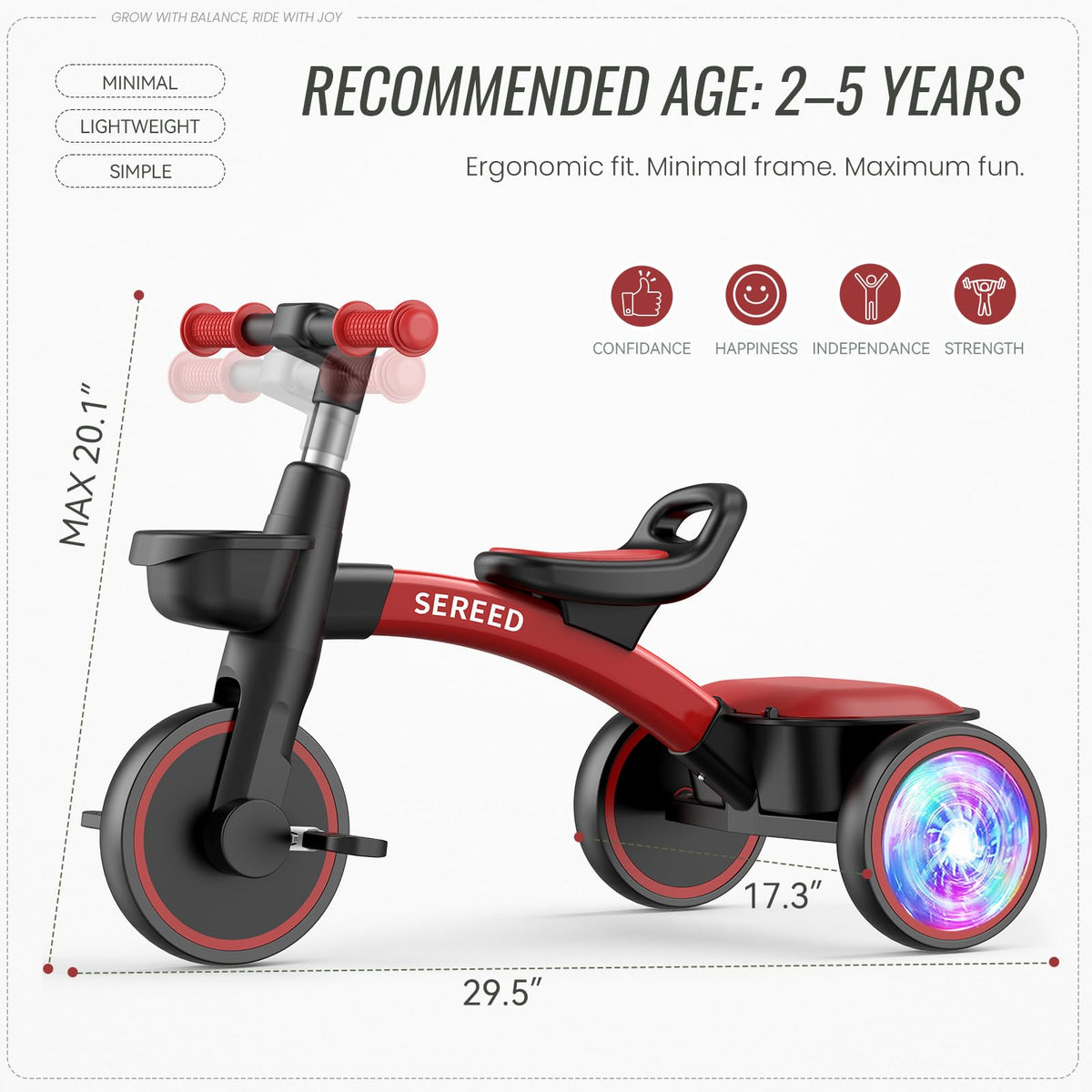SEREED Tricycle seat adjustment demonstrates growing-child comfort and fit