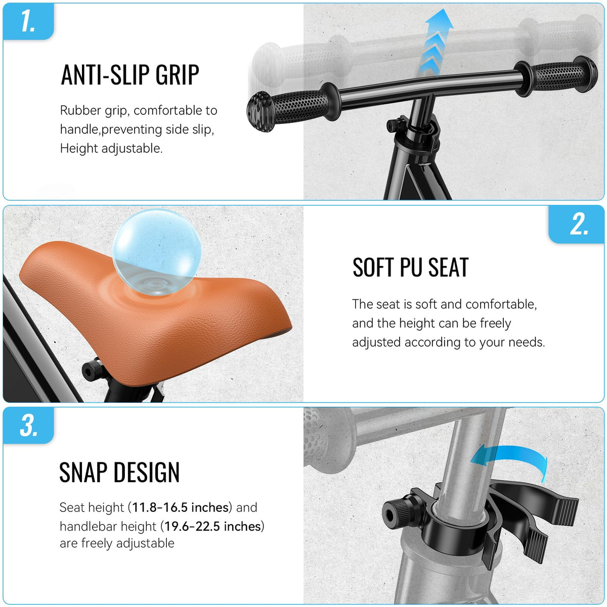 Soft saddle and footrest pad on the SEREED balance bike