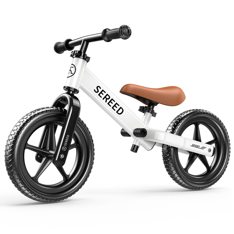 SEREED toddler balance bike front view with no pedals for balance practice.