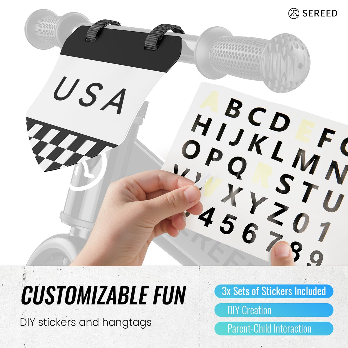 Personalization plate and stickers on the SEREED bike for kid creativity