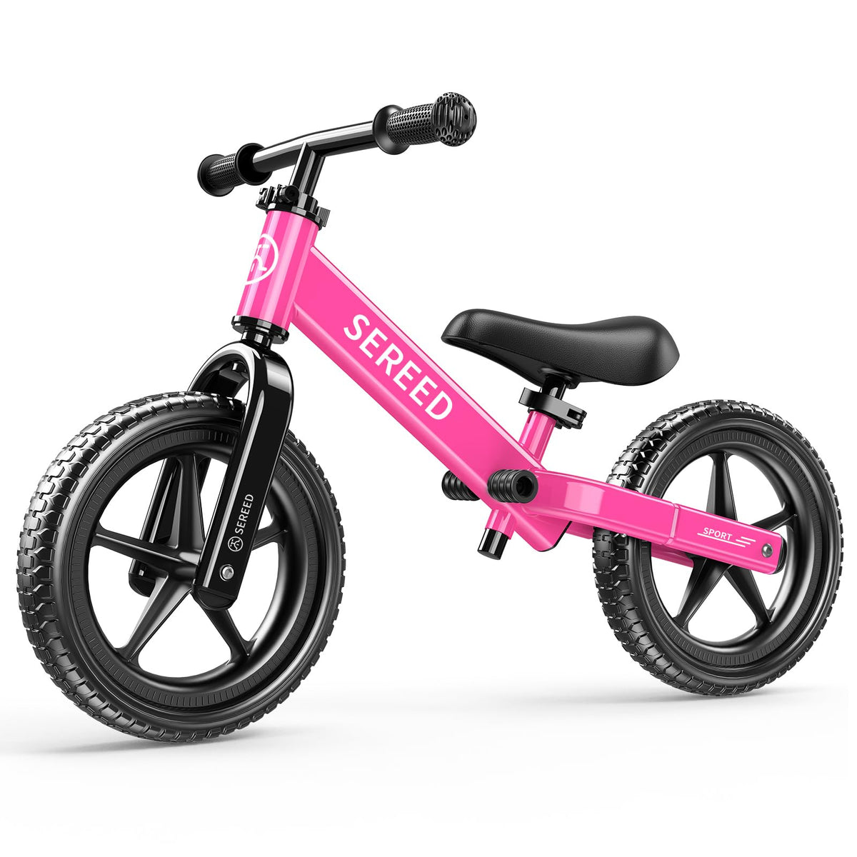 SEREED toddler balance bike rose pink front view showing adjustable height