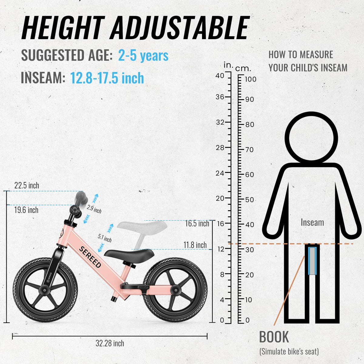 SEREED balance bike seat adjustment detail with tool-free setup