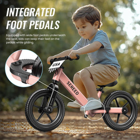 SEREED toddler balance bike side view highlighting adjustable height range