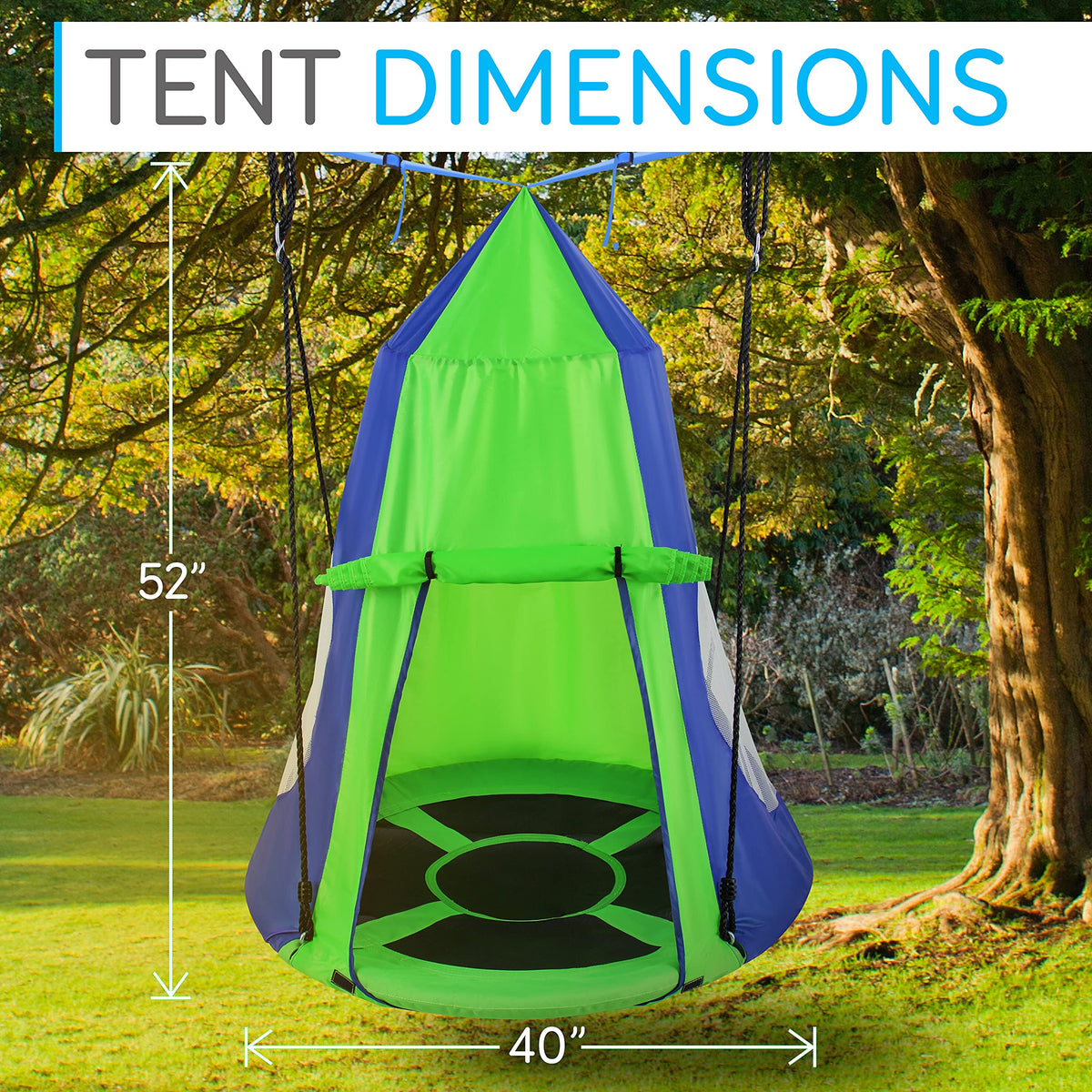Close-up of SereneLife green tent swing showing the padded seat comfort