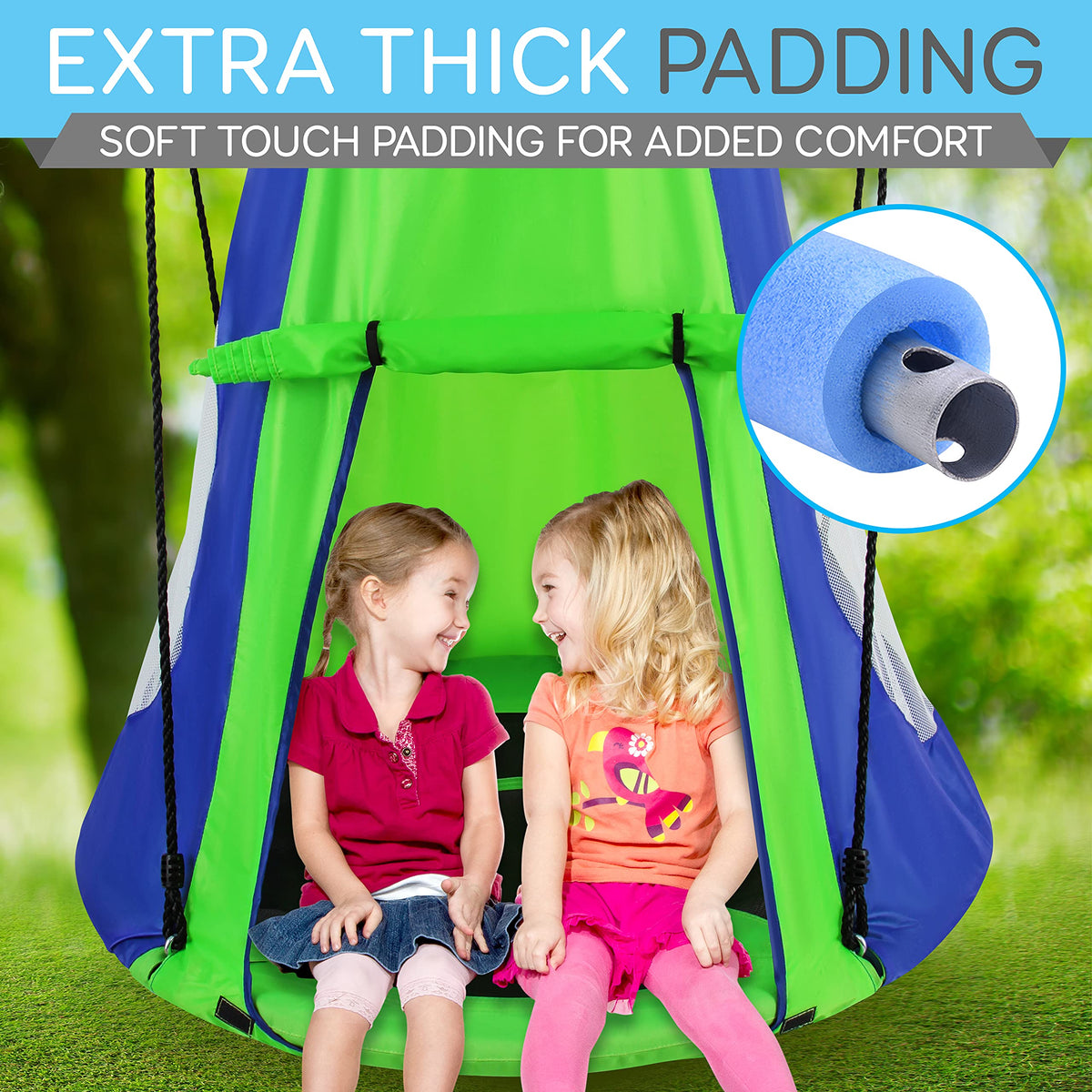 Weatherproof fabric on SereneLife green saucer swing ready for outdoor use