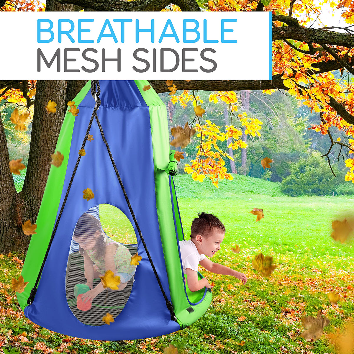 Secure padded seat and vibrant green finish on SereneLife swing