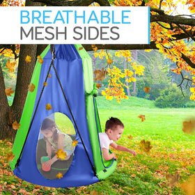 Secure padded seat and vibrant green finish on SereneLife swing