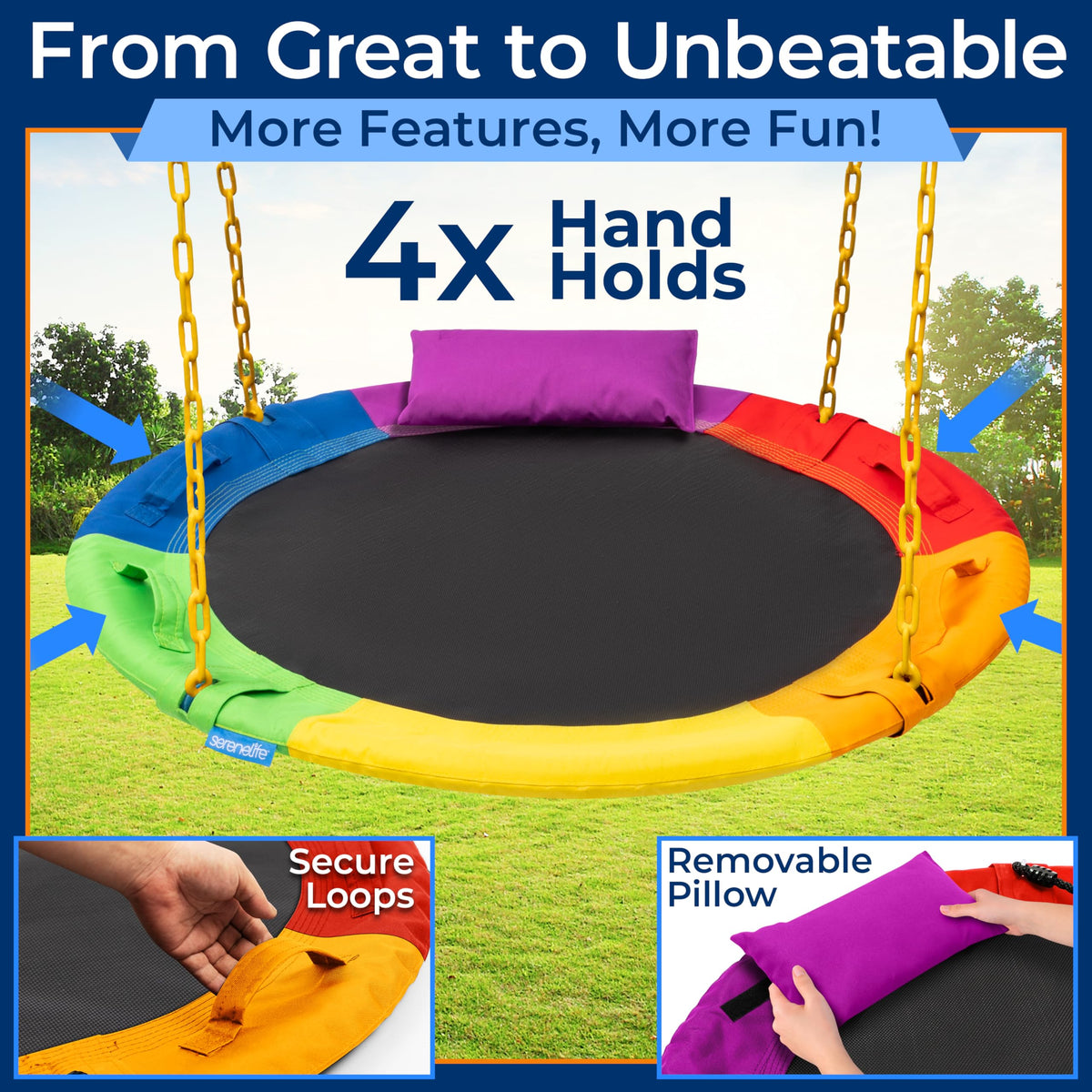 SereneLife heavy-duty chains ensure durable suspension for family use.