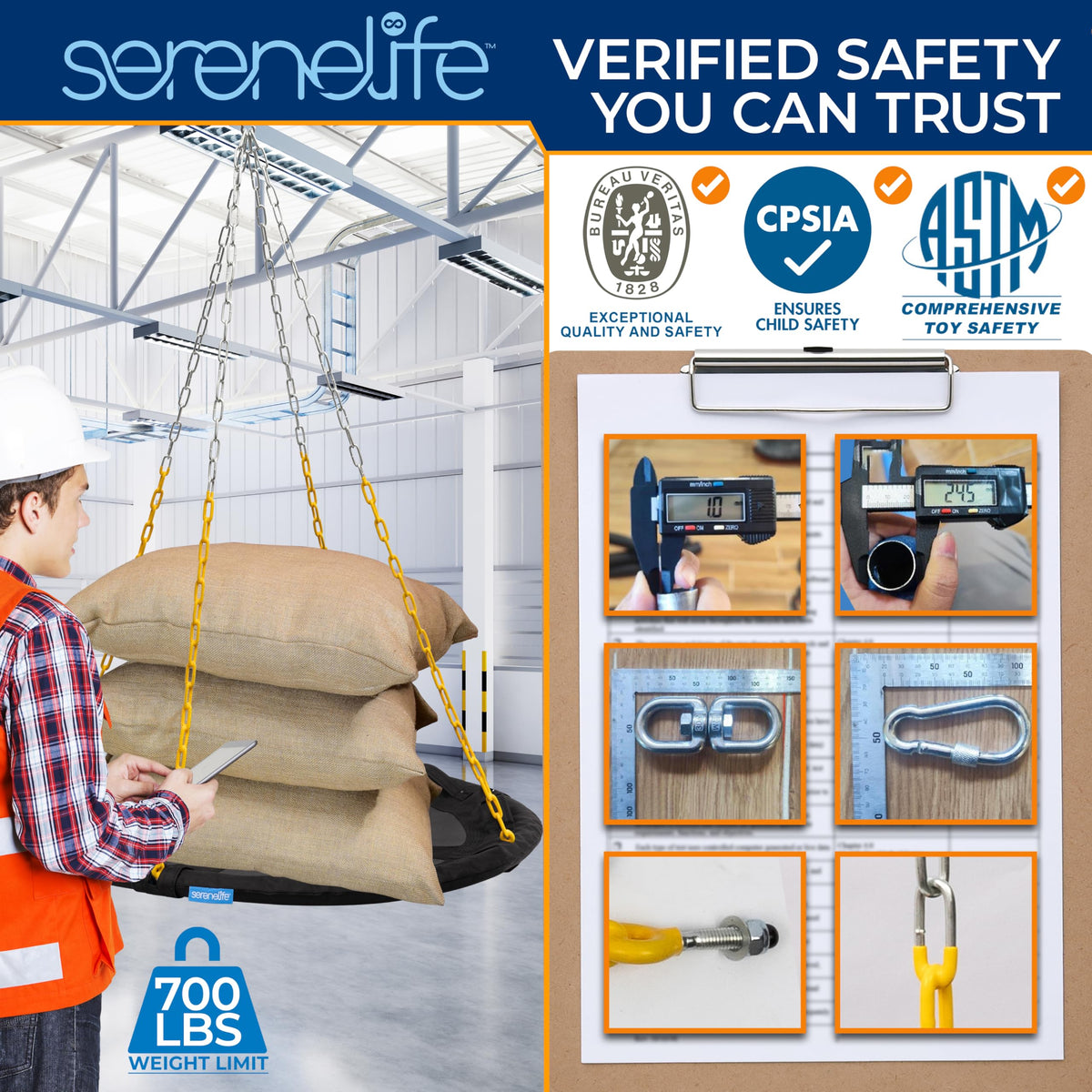 SereneLife heavy-duty chains provide secure support for two riders.