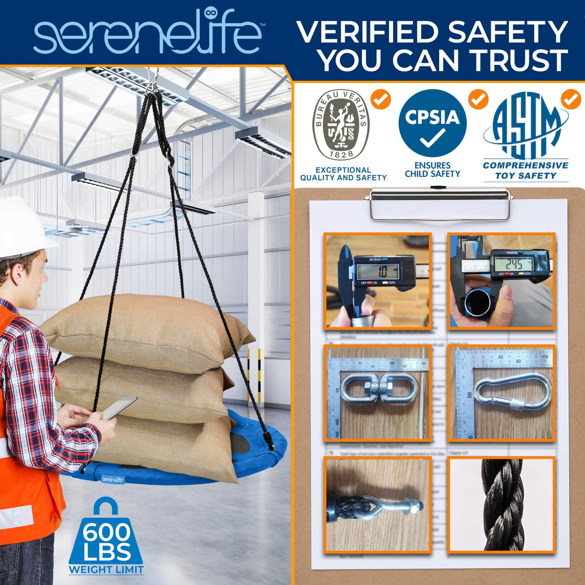Saucer swing assembly with heavy-duty frame and adjustable ropes.