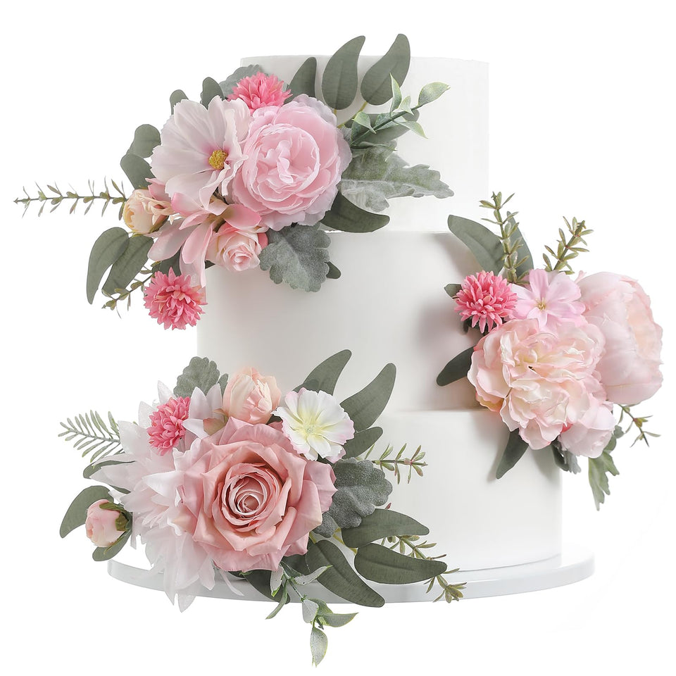 Serra Flora 3Pcs Cake Topper enhances a wedding cake with elegant pink blooms.