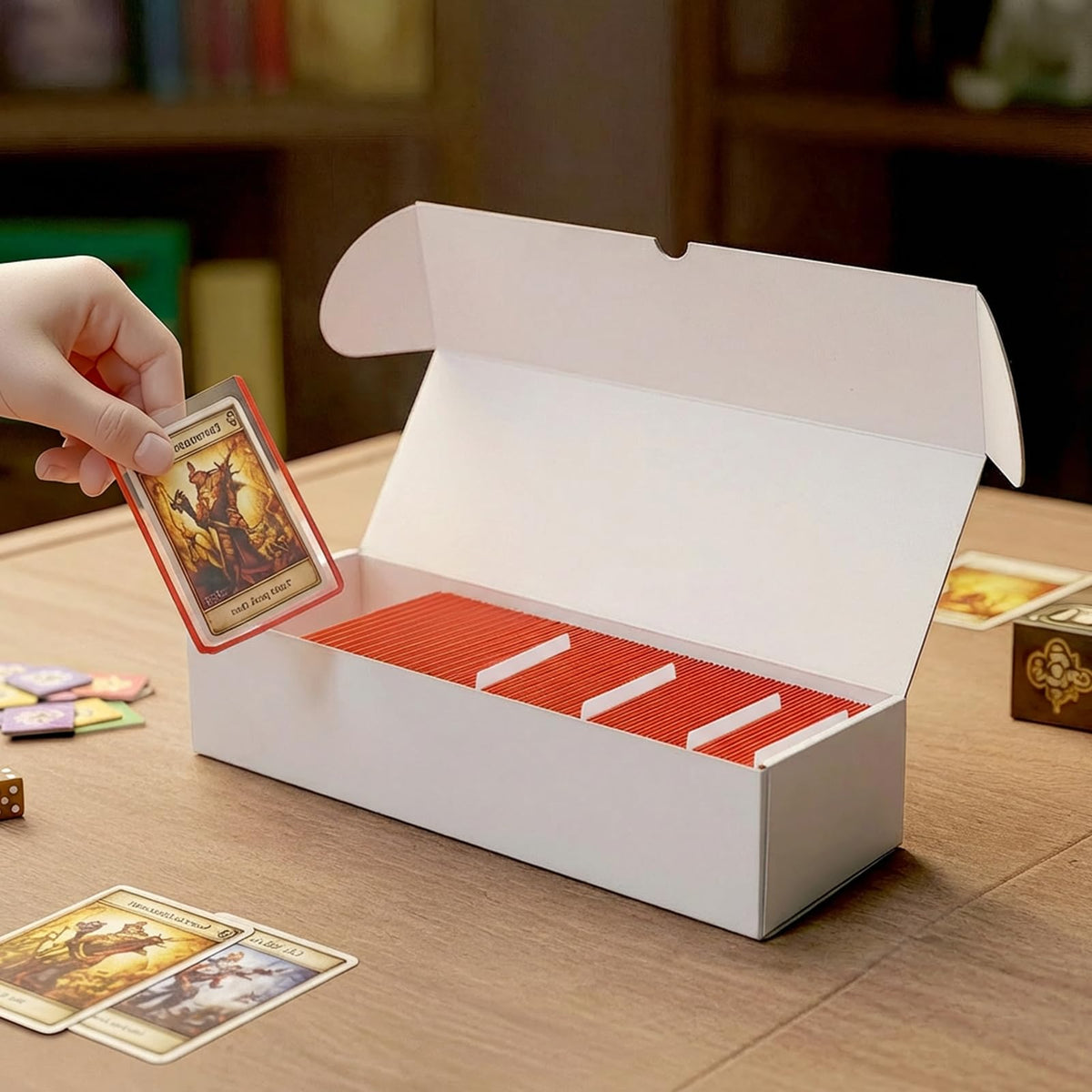 Serwrsw all-white cardboard box protects cards from light and dust during shipping.